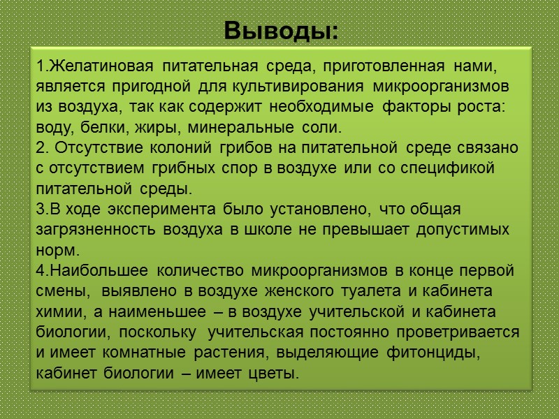 Выводы:  1.Желатиновая питательная среда, приготовленная нами, является пригодной для культиви­рования микроорганизмов из воздуха,